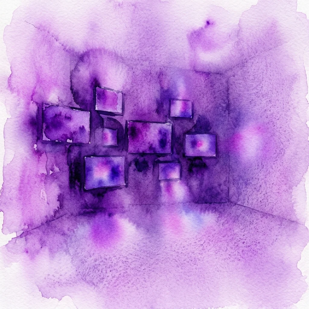 Ilustración en acuarela morada de un espacio de galería oscuro con varias pantallas de video brillantes dispuestas en la pared para la exposición Broken Words de Adrian Paci.