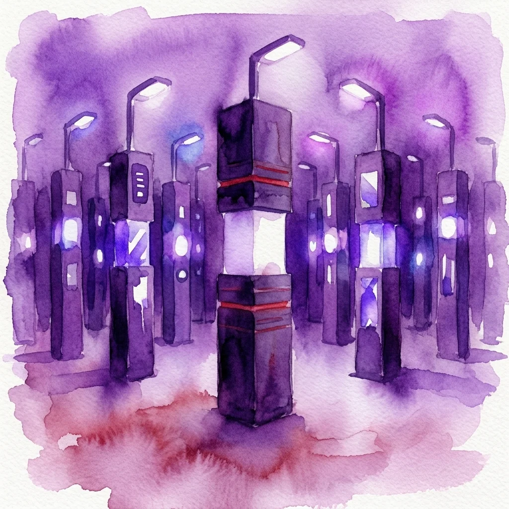 Una ilustración en acuarela que representa la exposición 'Dark Ages 2020' de Alona Rodeh, mostrando una cuadrícula de tótems futuristas similares a farolas brillantes en tonos púrpuras.