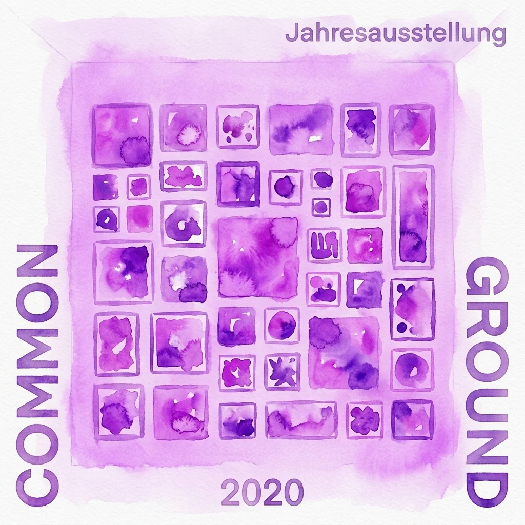 Een paarse aquarelillustratie met een raster van abstracte ingelijste vormen, met de tekst 'Common Ground Jahresausstellung 2020'.