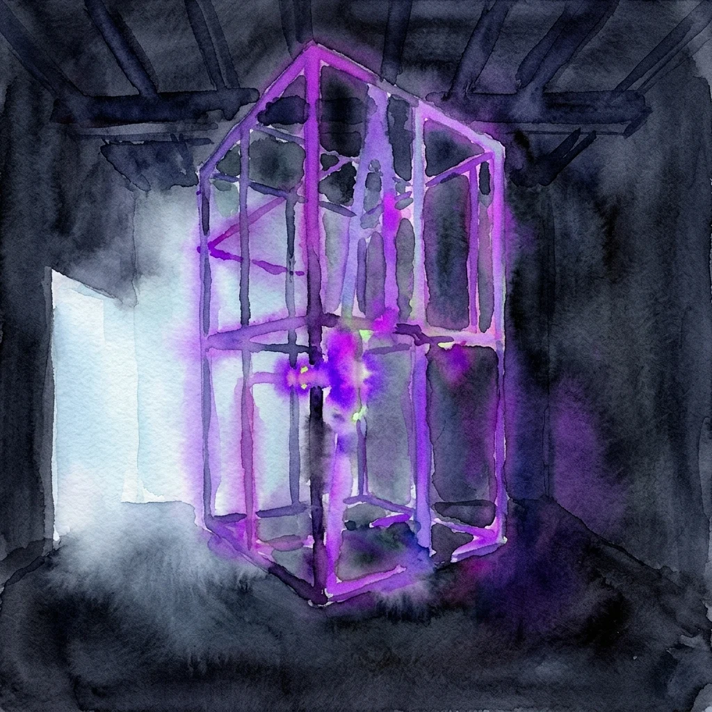 Watercolor painting of a glowing purple cage structure in a dark room, illustrating the Darkroom installation by Gabriele Fulterer and Christine Scherrer.