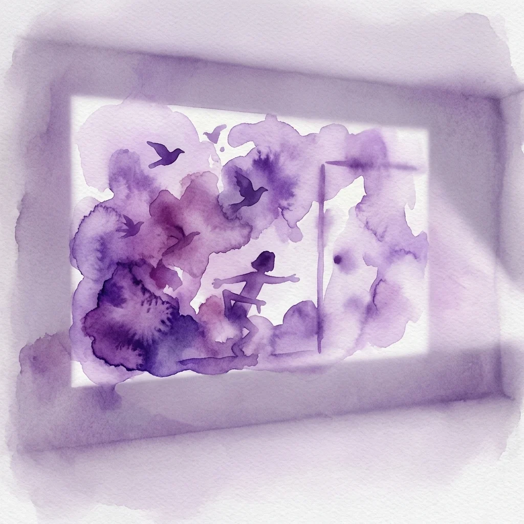 Aquarelillustratie van een galerieprojectie met paarse abstracte wassingen, silhouetten van vogels en een menselijke figuur uit de tentoonstelling van Gernot Wieland.