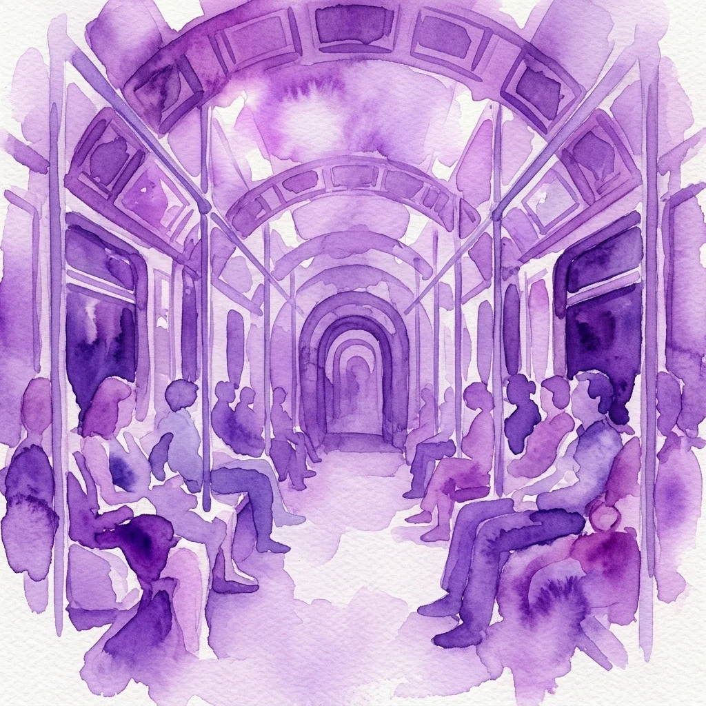 Paars aquarelschilderij van het interieur van een metrowagon met zittende passagiers en een diep perspectief door het middengangpad.