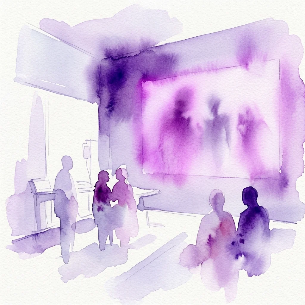 Ilustración en acuarela de visitantes observando una gran proyección de película púrpura en un espacio de galería diseñado como un entorno médico clínico para la exposición de Omer Fast.
