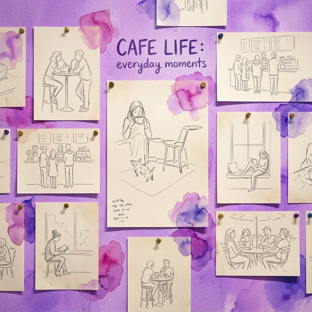 Potloodschetsen van Per Dybvig die scènes uit cafés afbeelden, vastgepind op een paarse muur met aquarelaccenten en de tekst 'CAFE LIFE: everyday moments'.