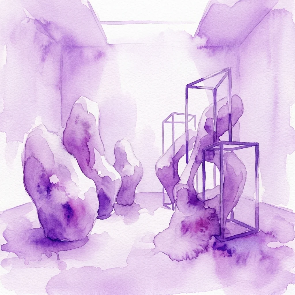 Paarse aquarelillustratie van de Petition tentoonstellingsinstallatie, met organische sculpturale vormen en geometrische frames in een galerie.