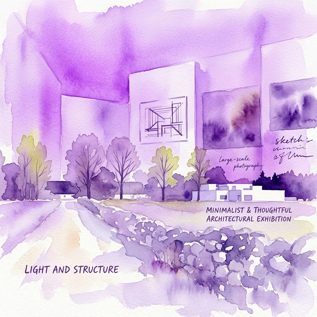 Ilustración en acuarela morada que combina un espacio de galería arquitectónica con un paisaje, con el texto 'Light and Structure' para la exposición de Tony Fretton.