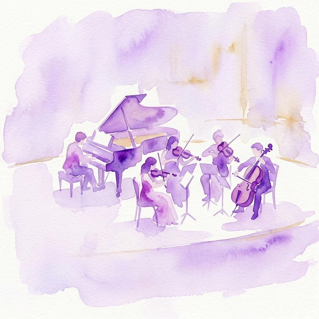 Ilustración en acuarela de un ensamble de música clásica interpretando un cuarteto de cuerdas con piano, con un gran piano e instrumentos de cuerda en el escenario en tonos púrpuras.