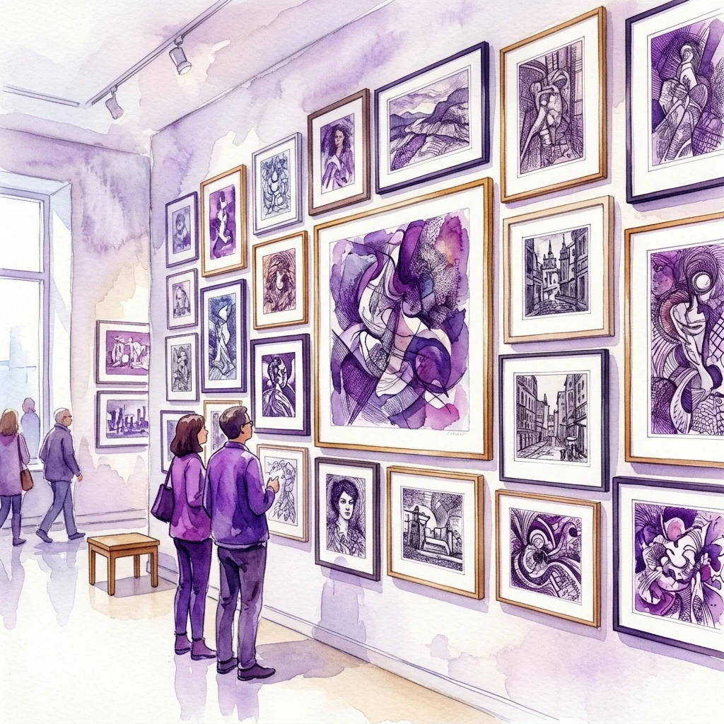 A gallery wall displaying a collection of framed graphic art prints in various styles and sizes, with visitors observing the artwork in a well-lit exhibition space.