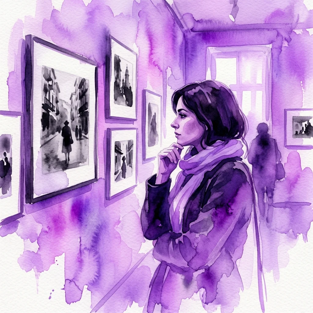Una ilustración en acuarela de una mujer en una galería de tonos morados, contemplando fotografía callejera en blanco y negro de Oriol Maspons en exhibición.
