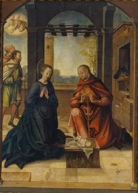 Una pintura religiosa que muestra la escena de la Natividad con la Virgen María arrodillada junto al niño Jesús, un hombre con una túnica roja sentado cerca y un pastor al fondo, todo dentro de un entorno arquitectónico.