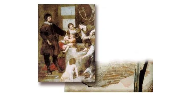 historyczny obraz ludzi w strojach z epoki, w tym mężczyzny w ciemnej szacie i kobiety trzymającej dziecko, z innym klęczącym dzieckiem z przodu