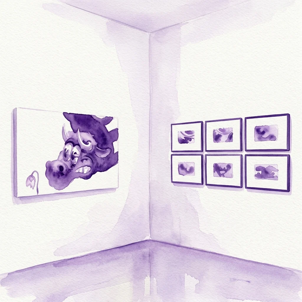 Purple watercolor illustration of a gallery corner showing a large framed drawing of a timid bull's head and six smaller framed artworks.
