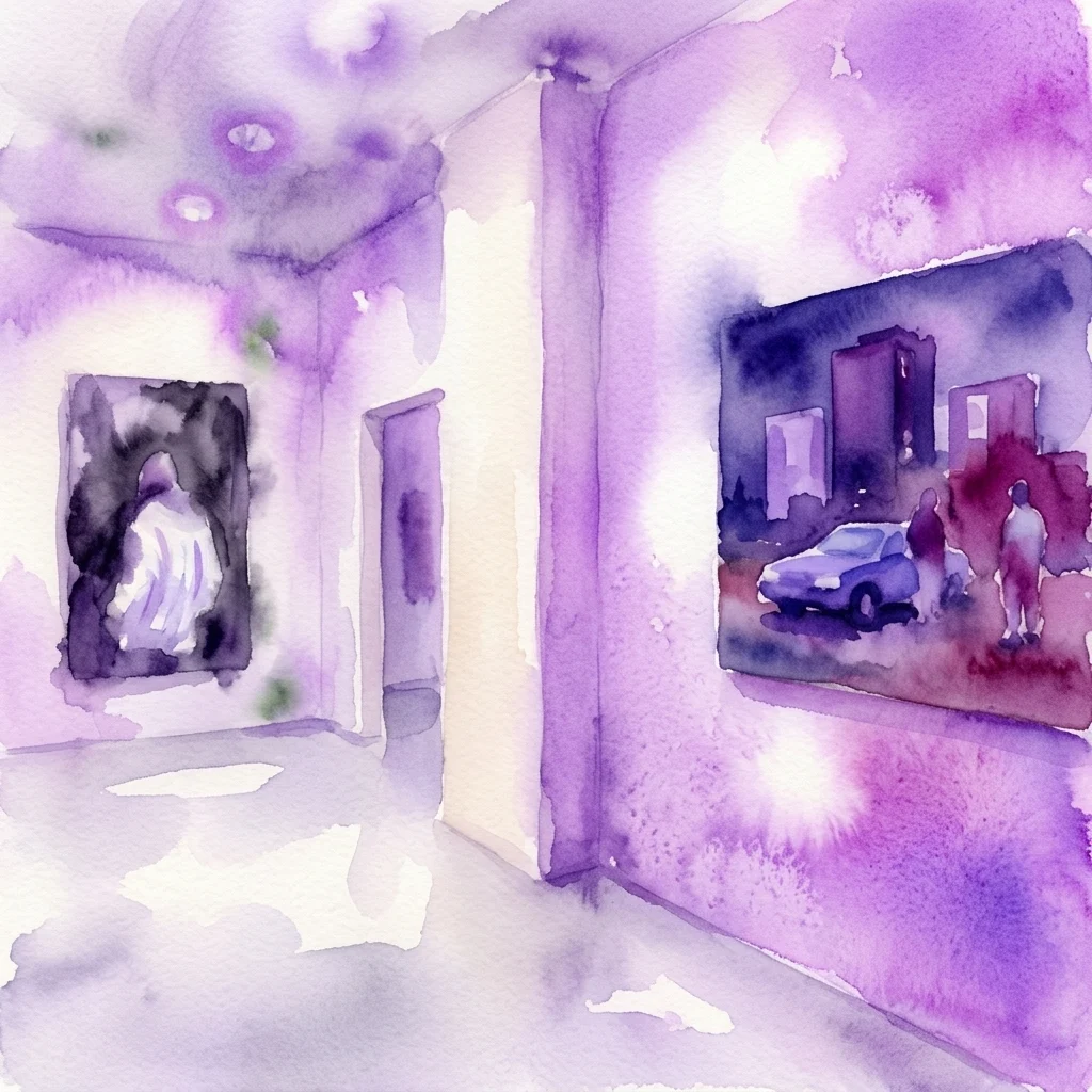 Akwarelowa ilustracja wnętrza galerii skąpanego w fioletowych odcieniach, przedstawiająca dwa obrazy: abstrakcyjną postać oraz scenę miejską z samochodem i ludźmi.