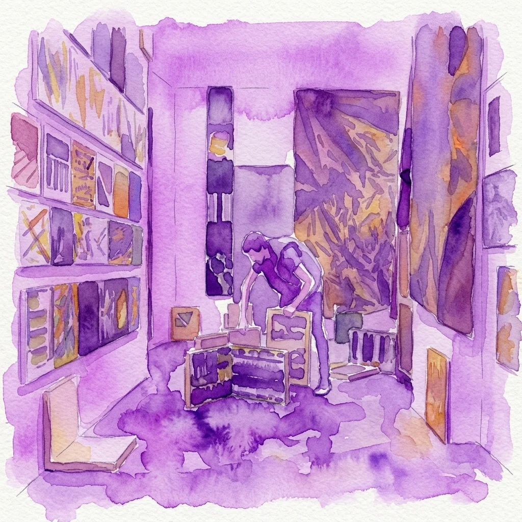 Paarse aquarelillustratie van een drukke galerij vol opgestapelde schilderijen, met een figuur die kunstwerken voor de Anormal-tentoonstelling aan het rangschikken is.