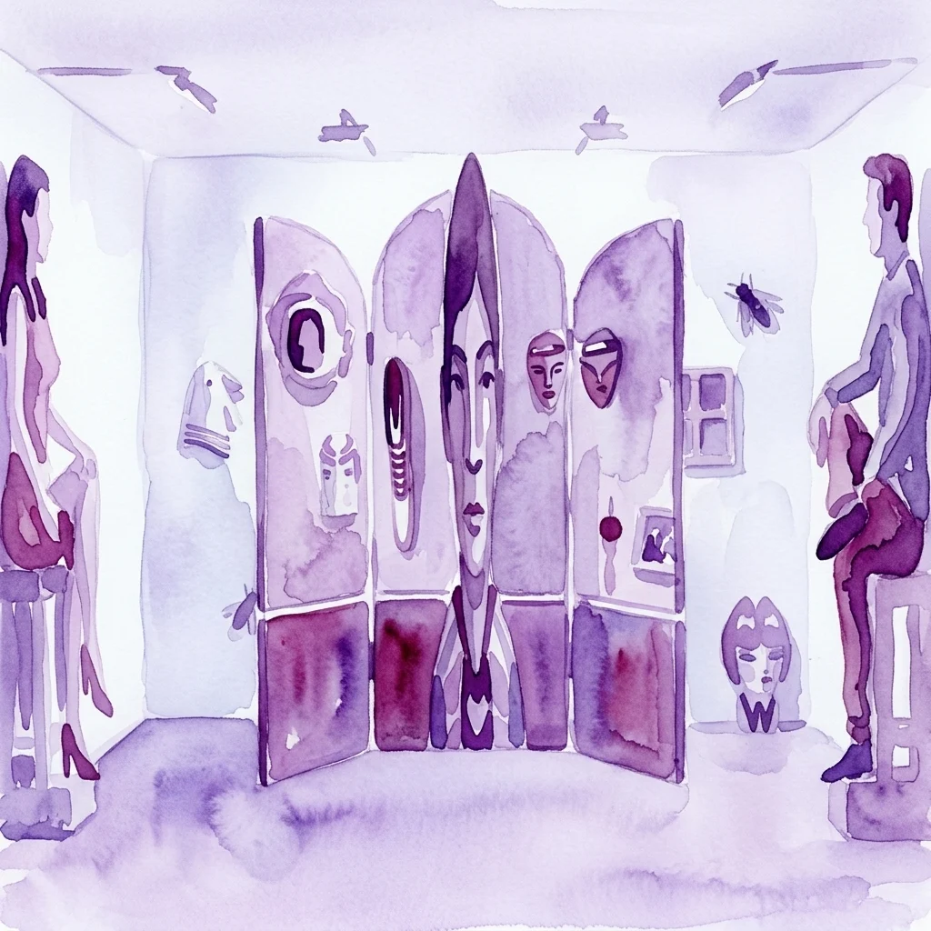 Ilustracja stoiska SC Gallery na targach ArteSantander 2025, przedstawiająca dużą rzeźbę ołtarzową Kiko Miyaresa z zniekształconymi twarzami oraz siedzącymi obserwatorami.