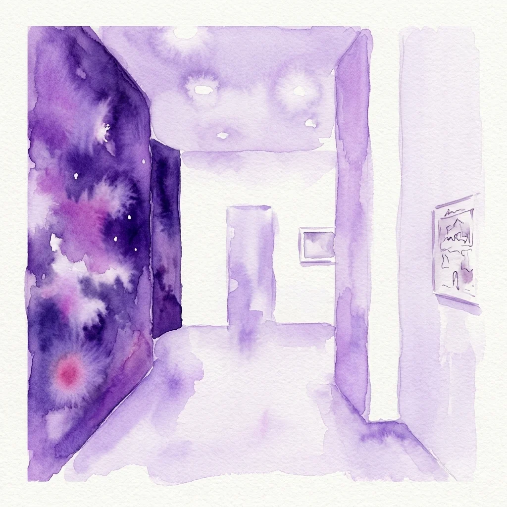 Een aquareltekening van een minimalistisch galerie-interieur met zachte paarse wassingen, voorzien van een grote kosmische muurschildering op de linkerwand en ingelijste kunstwerken in de verte.