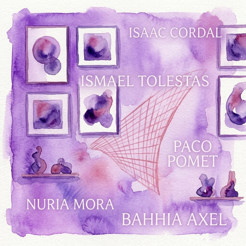 Watercolor illustration listing artists Isaac Cordal, Ismael Tolestas, Paco Pomet, Nuria Mora, and Bahhia Axel with abstract art and sculptures.