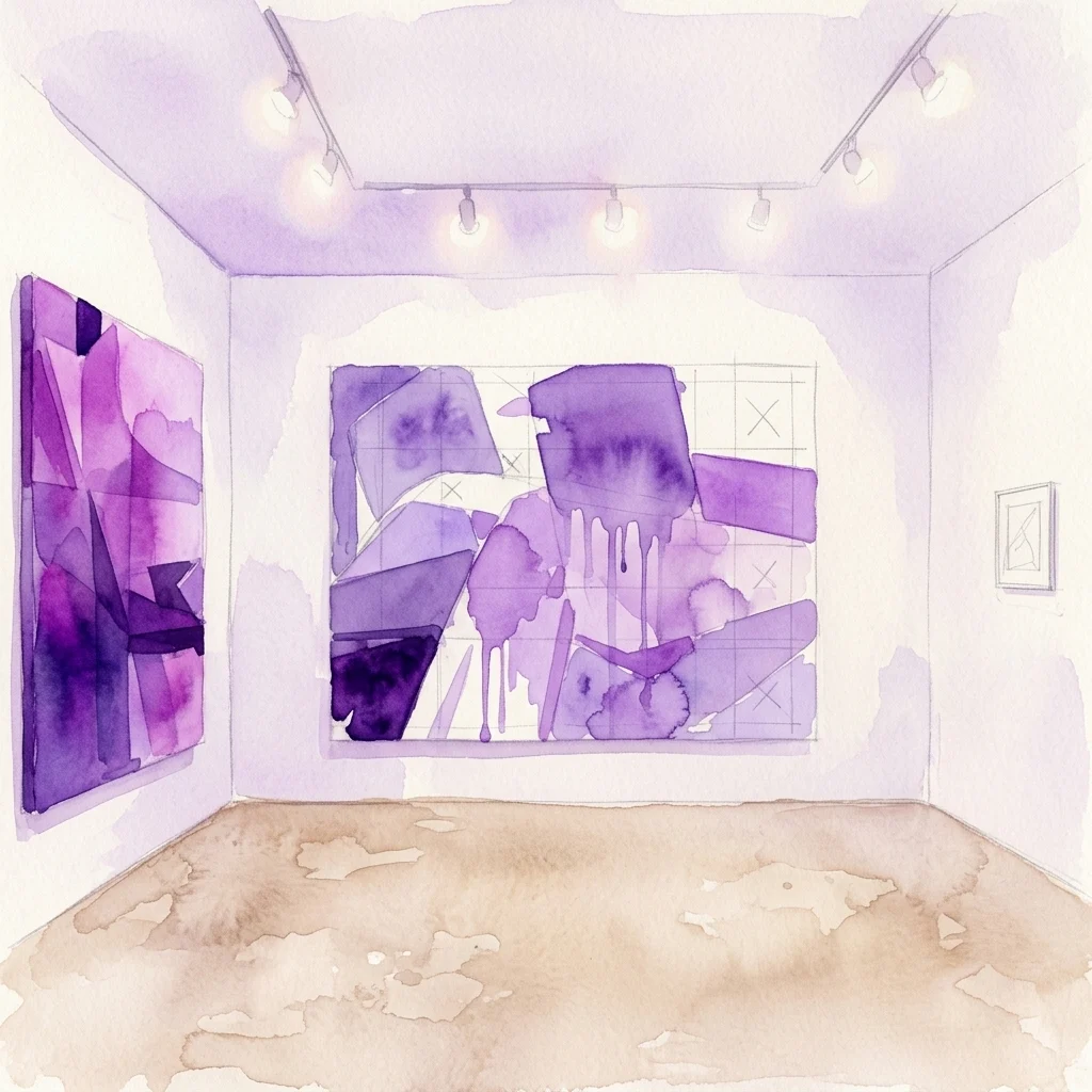 Ilustración en acuarela del interior de una galería con grandes pinturas abstractas de color morado, con formas geométricas y gotas de pintura bajo iluminación de riel.