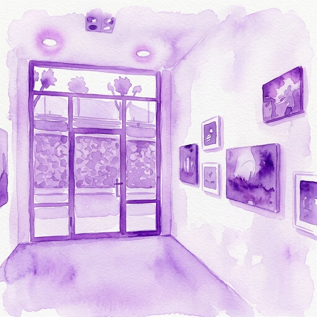 Paarse aquareltekening van een galerie-interieur met een grote glazen toegangsdeur en ingelijste kunstwerken aan de rechtermuur.