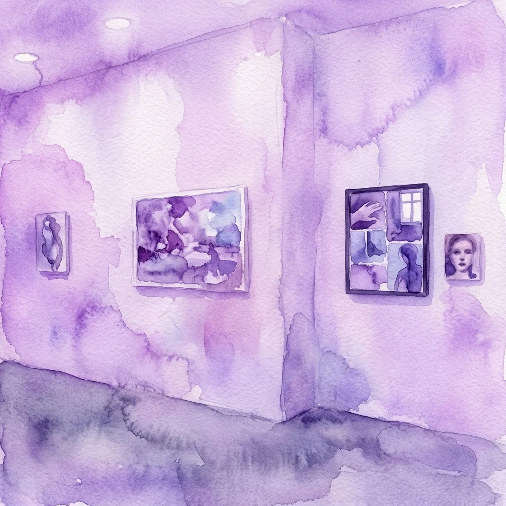 Akwarelowa ilustracja narożnika galerii z oprawionymi obrazami z wystawy Diodo autorstwa Mikela del Río, przedstawiająca obrazy inspirowane fragmentarycznymi wspomnieniami.