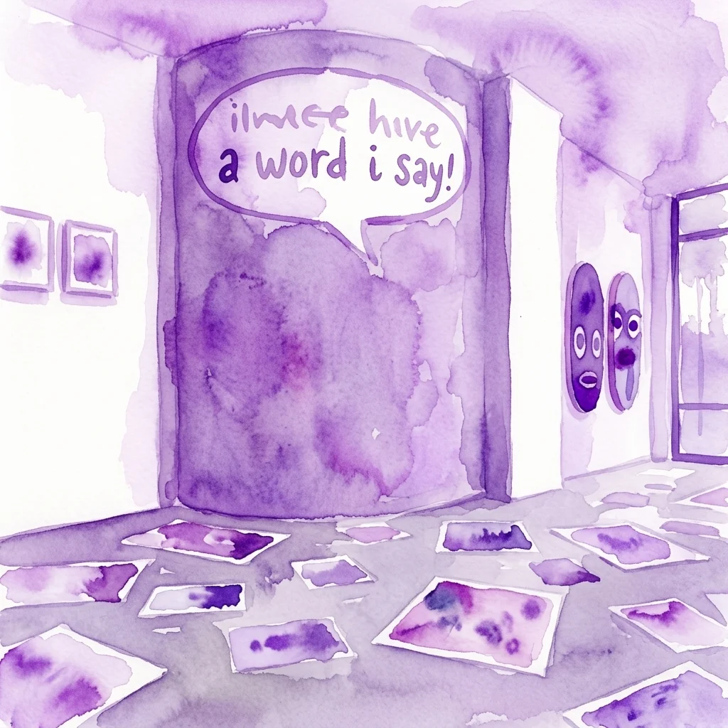 Een paarse aquarelillustratie van een galerie-interieur voor de tentoonstelling 'Don't believe a word i say!', met een centrale zuil met een tekstballon, kunst aan de muur en verspreide prints op de vloer.