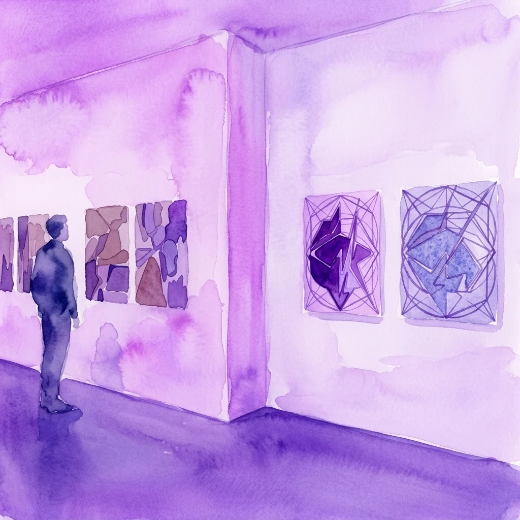 Aquarelillustratie van een bezoeker die abstracte geometrische schilderijen bekijkt in een paars getinte galeriehoek tijdens de Duo Abs tentoonstelling.