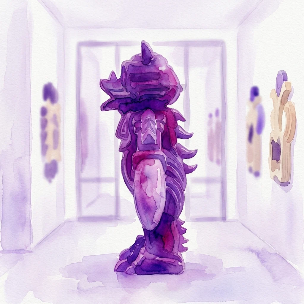 Een paars, totemachtig sculpturaal kunstwerk met gelaagde, abstracte vormen in een helderwitte galerieruimte, dat doet denken aan tribale iconografie.
