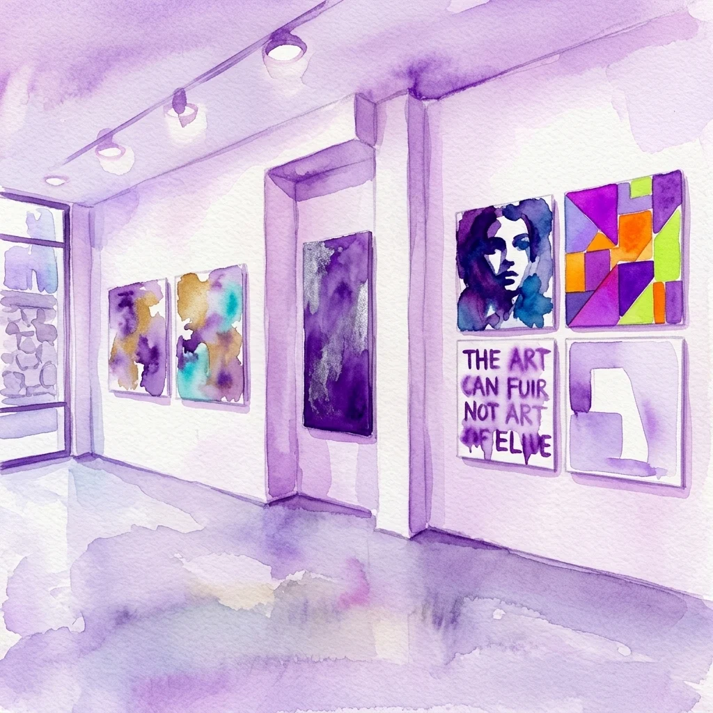 Watercolor illustration of a contemporary art gallery interior with purple hues, displaying framed paintings on white walls for the Ensoñaciones exhibition.