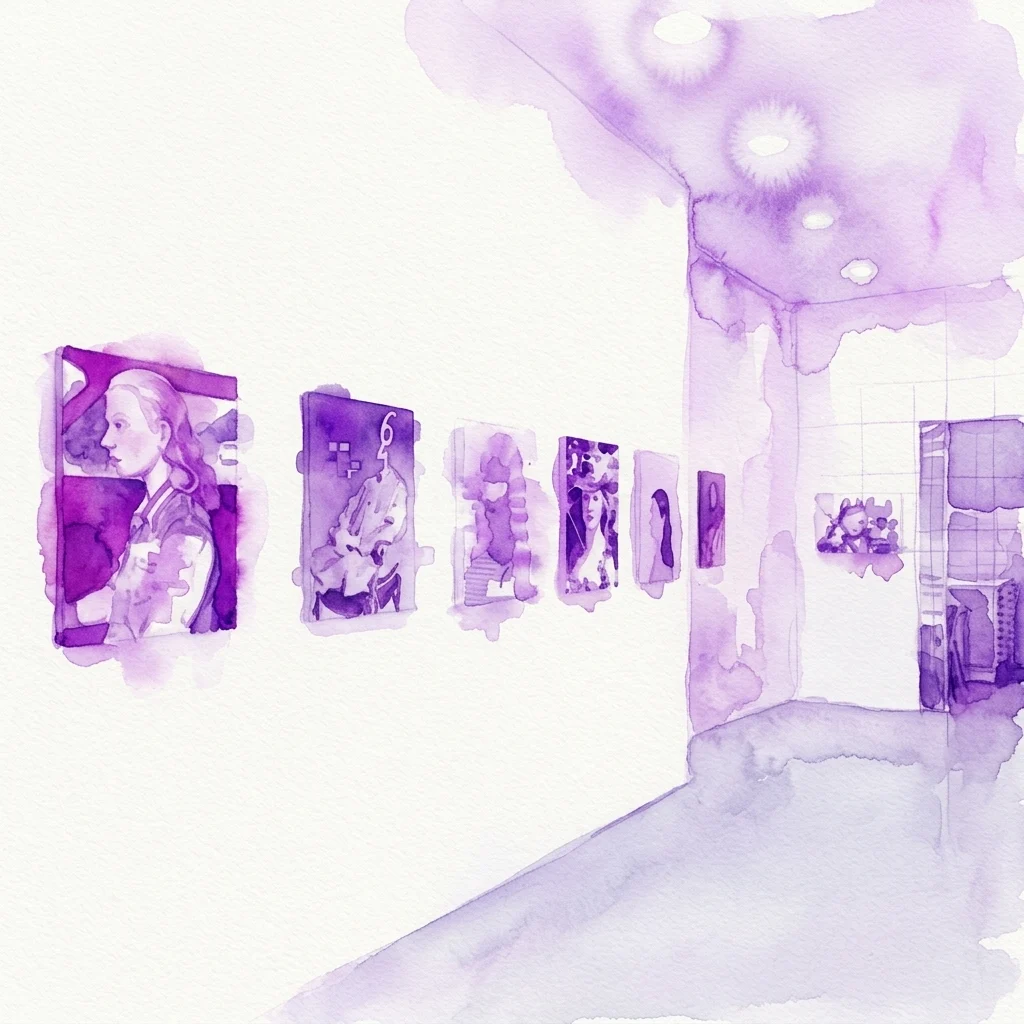 Een paarse aquareltekening van een galerie-interieur met een rij figuratieve portretschilderijen aan een witte muur.