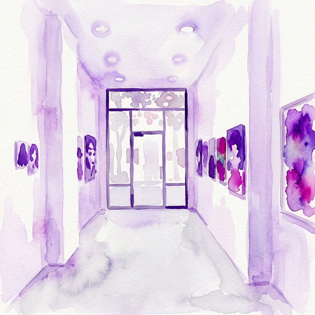 Watercolor illustration of a contemporary art gallery interior hallway with framed portrait paintings on the walls and a glass door at the end.