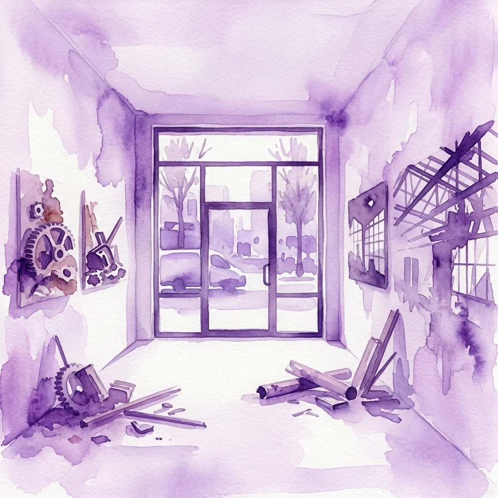 Ilustración en acuarela de tonos morados que representa un interior abandonado con escombros mecánicos dispersos y una vista de la ciudad a través de una puerta de cristal.