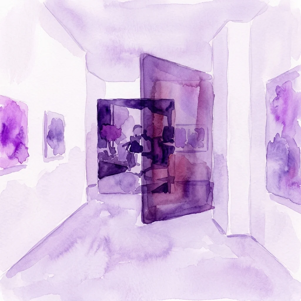 A purple watercolor painting depicting an art gallery interior with abstract artworks hanging on the walls.
