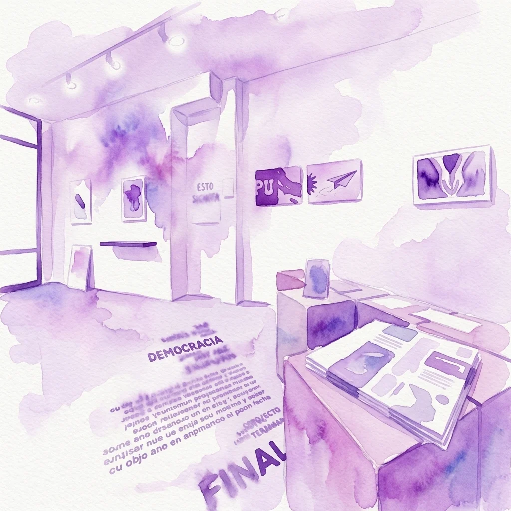 Fioletowa ilustracja akwarelowa przedstawiająca wnętrze wystawy grupowej 'Final' w SC Gallery, z oprawionymi dziełami sztuki, publikacjami na postumencie oraz napisem 'DEMOCRACIA' i 'FINAL'.