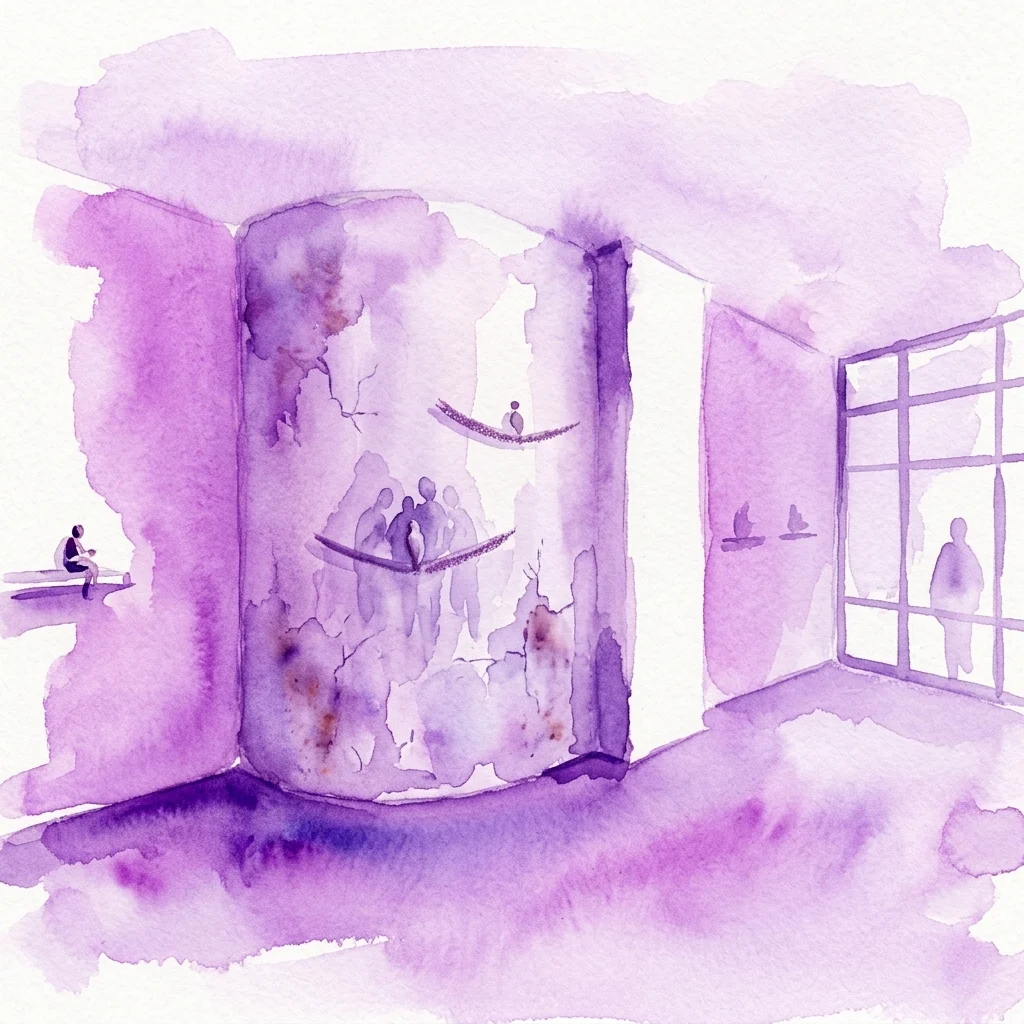 Een paarse aquarelillustratie van een galerie-interieur voor de Giza Komedia-tentoonstelling, met gebogen muren en planken waarop miniatuurbeeldjes en bezoekers te zien zijn.