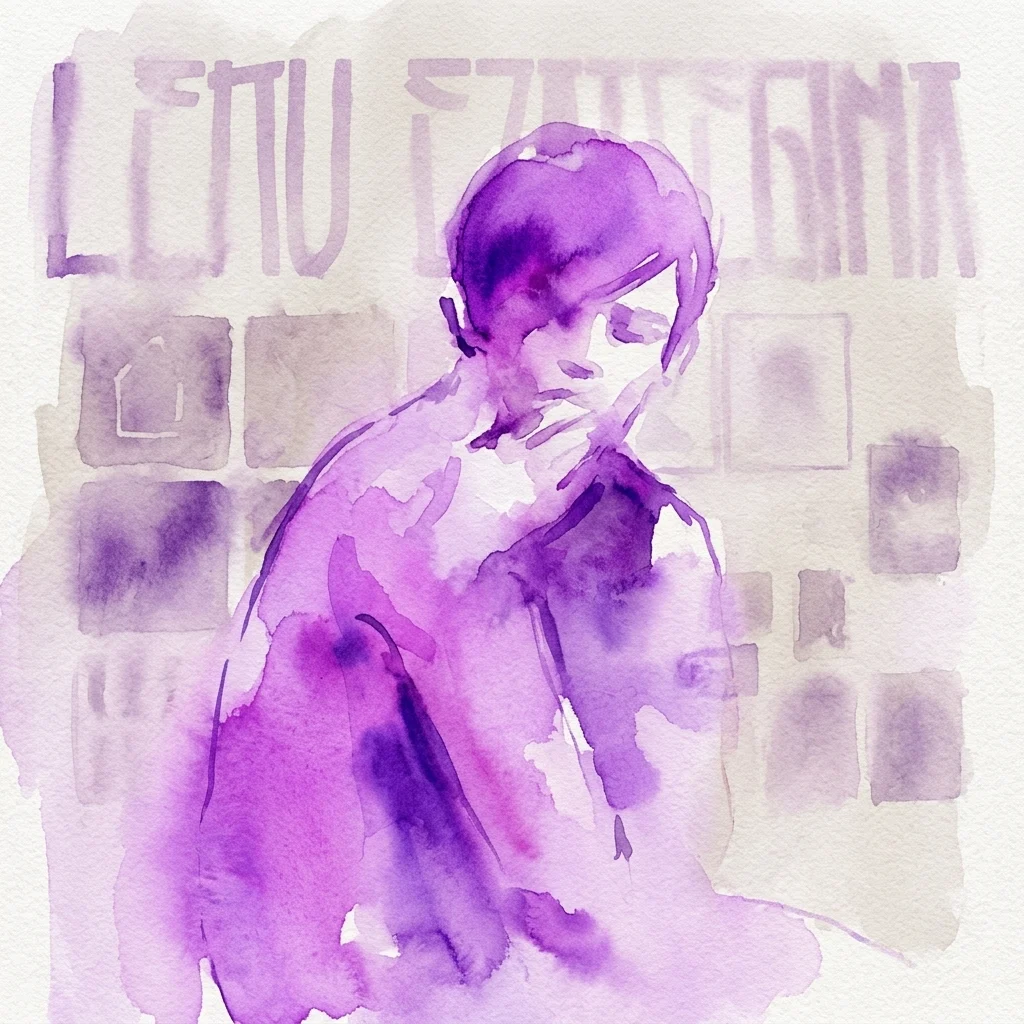 Purple watercolor portrait of a contemplative figure looking downward against a textured background with faint lettering, from Axel Void's Homeless exhibition.