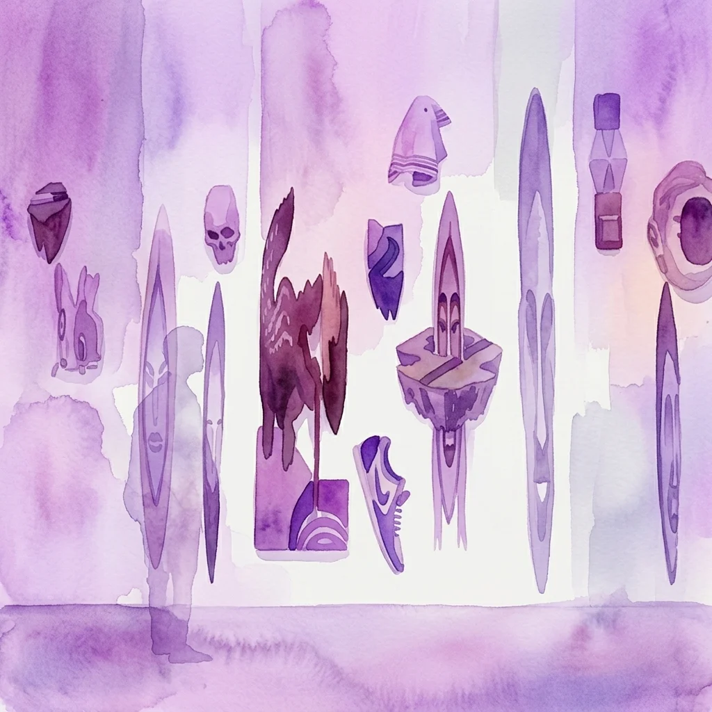 Paarse aquarelillustratie met abstracte vormen, een schedel, een sneaker en langgerekte figuren, die de tentoonstelling 'La vida huracanada' van Kiko Miyares in SC Gallery vertegenwoordigt.