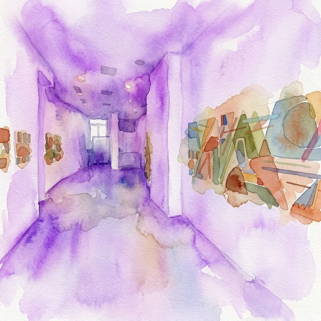 Aquarelillustratie van een galerie-interieur met paarse wassingen, met abstracte geometrische kunstwerken aan de muren.