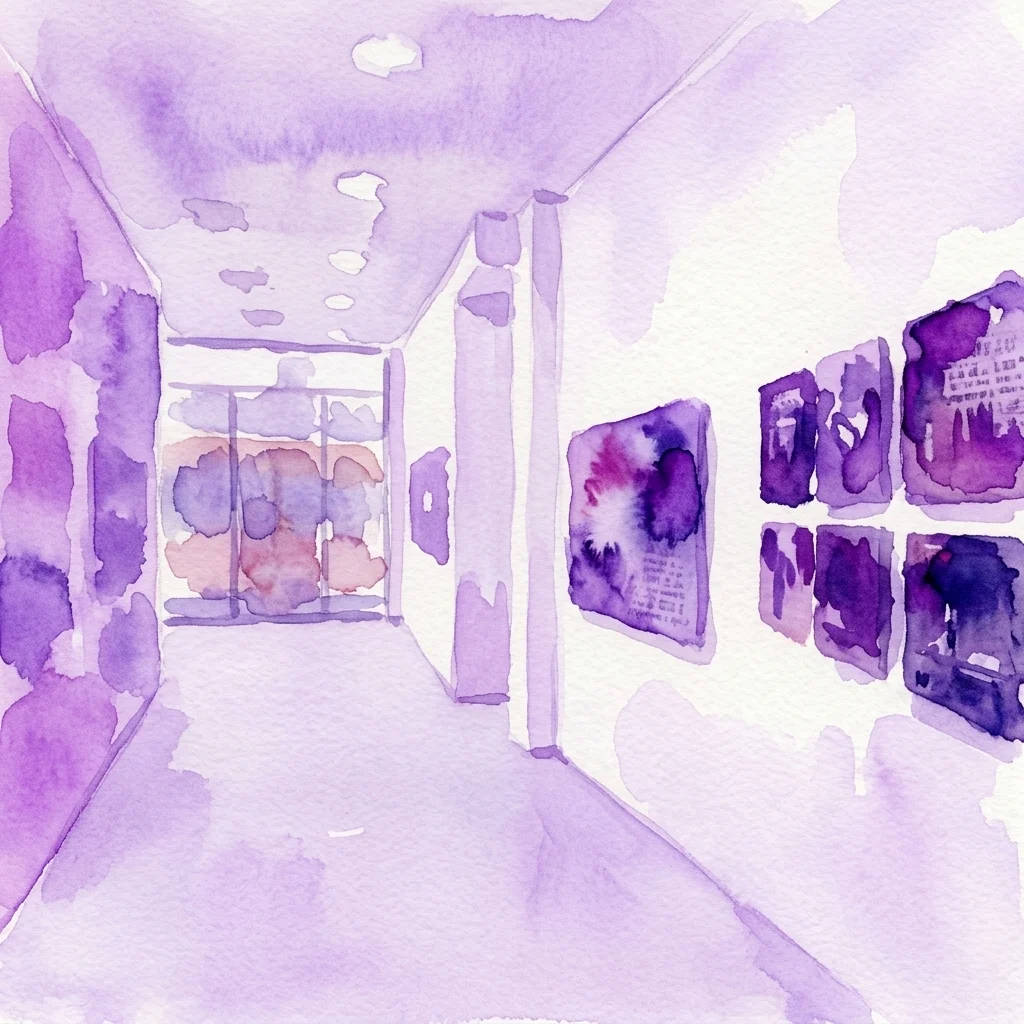 Ilustración en acuarela morada del pasillo interior de una galería de arte moderno con pinturas contemporáneas colgadas en la pared derecha para la exposición 'No + de 30'.