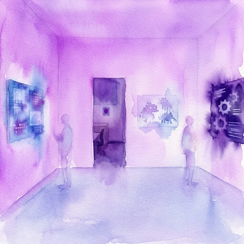 Aquarelillustratie van een paars galerie-interieur met digitale kunstwerken zoals gepixelde aliens en schermen, inclusief silhouetten van bezoekers.