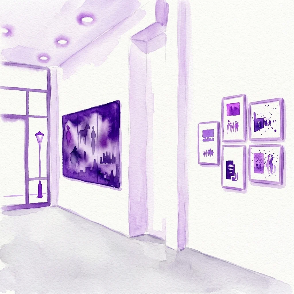 Akwarelowa ilustracja minimalistycznego wnętrza galerii z białymi ścianami, na których wyeksponowano oprawione współczesne dzieła sztuki w odcieniach fioletu, przedstawiająca wystawę On Paper.