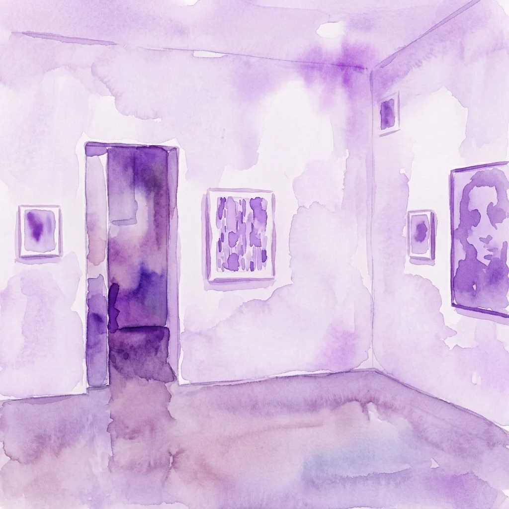Paarse aquarelillustratie van een galerie-interieur met ingelijste grafische prints aan witte muren en een open deur.