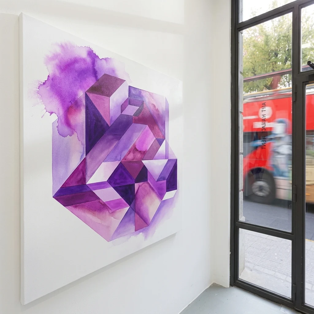 Geometric abstract painting with purple and pink 3D shapes and watercolor washes hanging on a white wall next to a window with a view of a red bus.