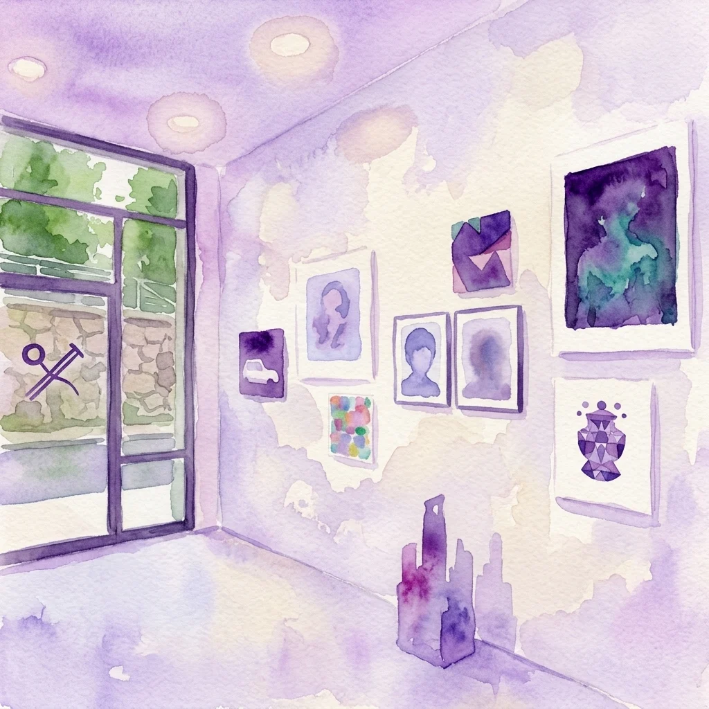 Watercolor illustration of an art gallery interior featuring framed paintings and a floor sculpture, depicting the Resistance X exhibition space at SC Gallery.