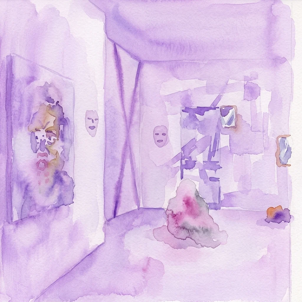 Een paars aquarel schilderij van de Saudade-expositie van Grip Face in de SC Gallery, dat een binnenruimte toont met maskers, spiegels en abstracte sculpturen.