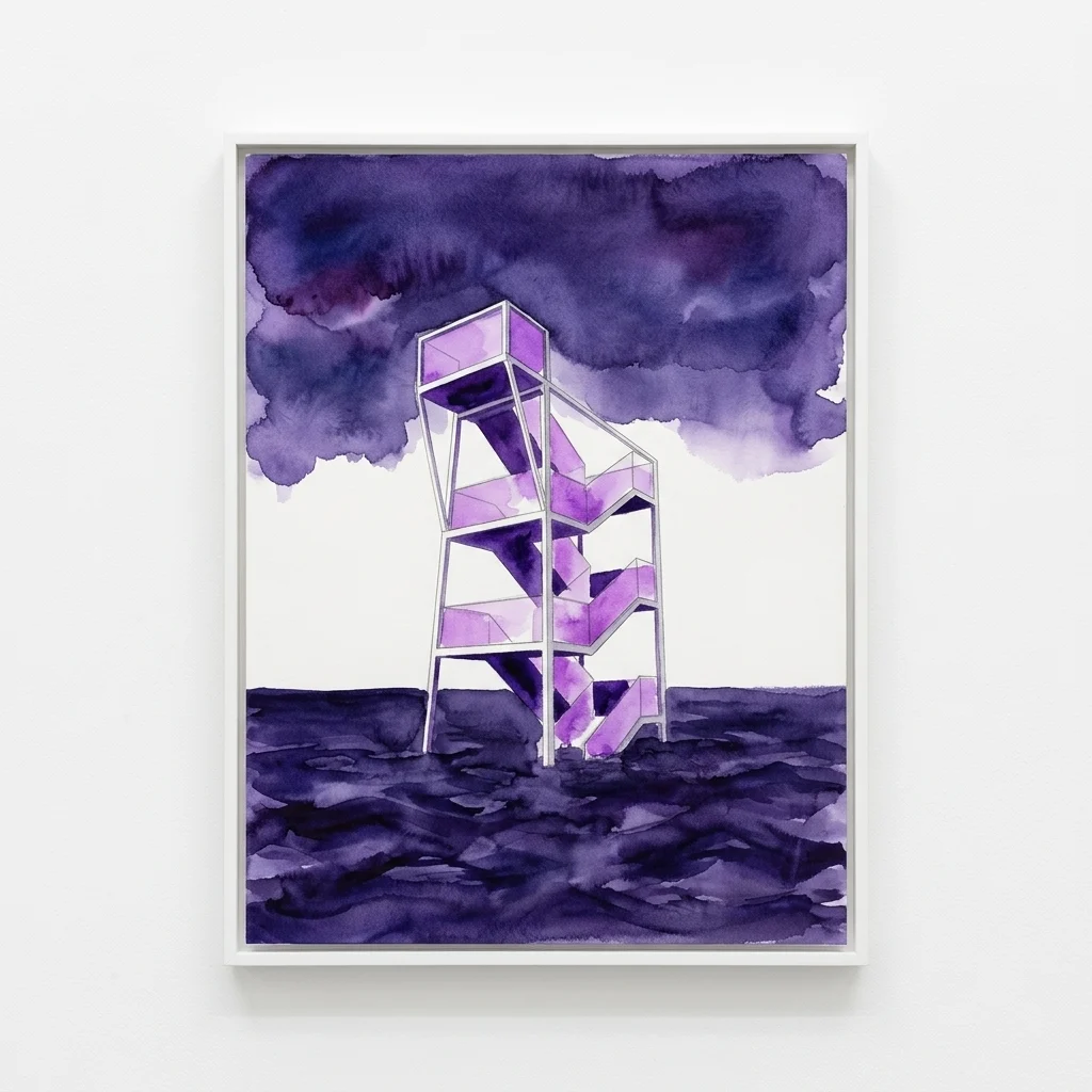 Ingelijst aquarel van een paarse geometrische zeefortstructuur die oprijst uit een donkere, woelige zee onder een stemmige paarse lucht.