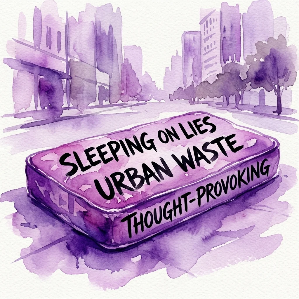 Aquarelillustratie van een afgedankt matras op een stadsstraat met de tekst 'Sleeping on Lies Urban Waste Thought-Provoking' erop, onderdeel van de Streetfighter-tentoonstelling.