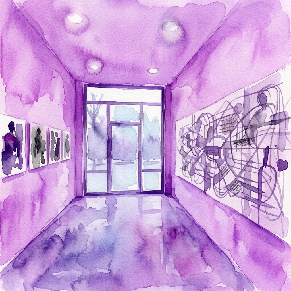 Een paarse aquarelillustratie van een galerie-interieur met ingelijste figuratieve kunstwerken aan de muren en een glazen deur, die de tentoonstelling Tránsitos vertegenwoordigt.