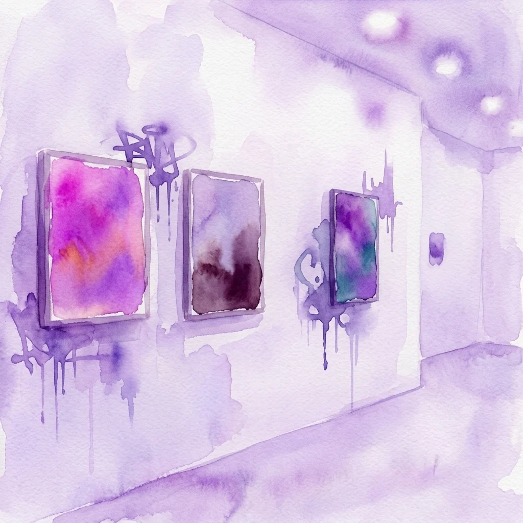 Ilustración en acuarela de la pared de una galería con tres pinturas abstractas en tonos morados y rosas, rodeadas de pintura goteante y marcas al estilo grafiti.