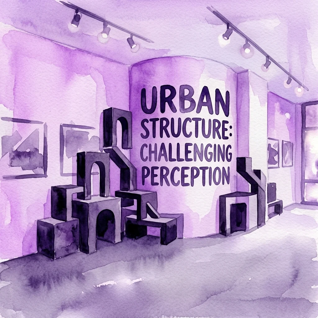 Ilustración en acuarela de una galería con paredes moradas y bloques geométricos, con el texto 'URBAN STRUCTURE: CHALLENGING PERCEPTION' para la exposición Urbano de SpY.