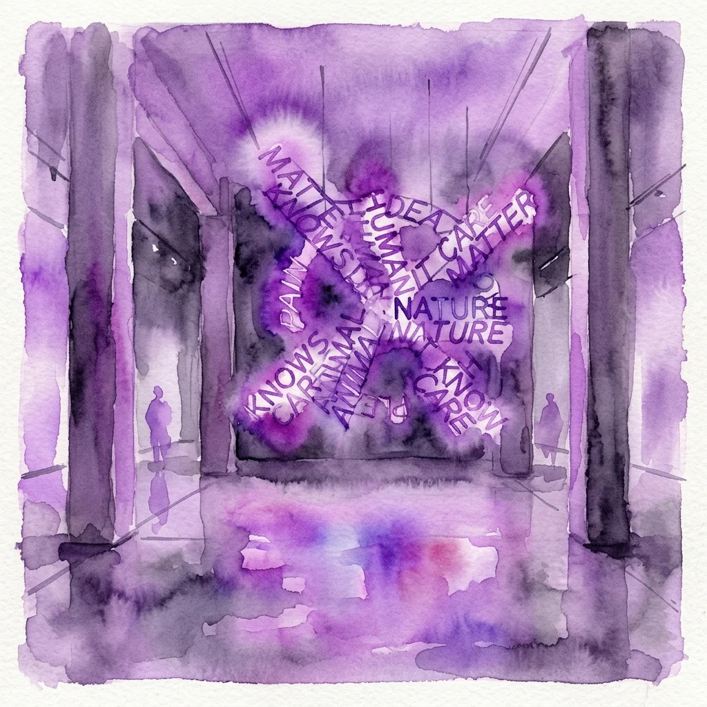 Aquarelschets van een galerieruimte met een grote neoninstallatie met woorden als 'MATTER', 'HUMAN' en 'NATURE' in paarse tinten.